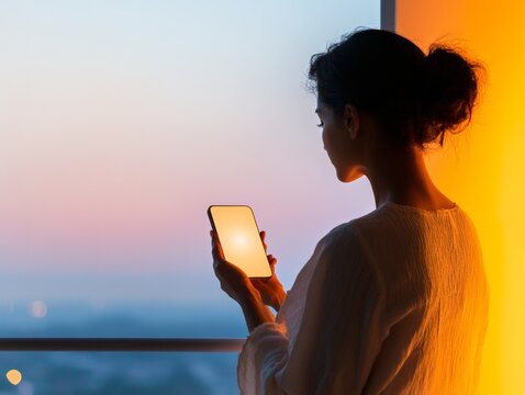 Concerned Indian Woman Checking Weather App on Balcony at Sunset