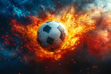 Naklejka premium Black and white soccer ball in flames on Abstract background 