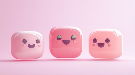 Fototapeta premium Three Cute Pink Cartoon Characters Happy Emojis 3D Render Sweet Playful Design