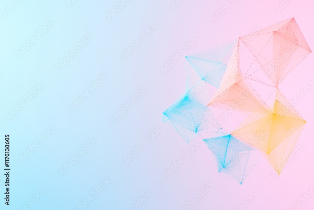 Poster floating pastel geometric shapes with financial graph lines on soft gradient background