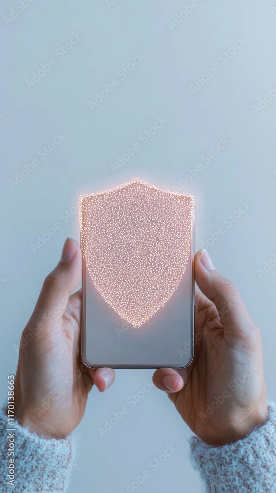 Aufkleber digital privacy shield neon glow reflecting cyber security on smartphone screen
