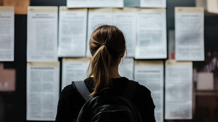 Person standing in front of a job listings board, scanning opportunities with a focused expression. The scene conveys the pursuit of career advancement and the search for meaningful employment.