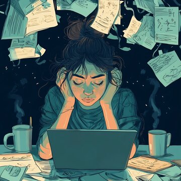 Hardworking Freelancer Woman Working Late at Night on Laptop in Cluttered Workspace