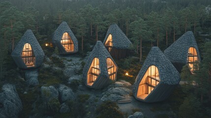 Unique modern cabins nestled in a forested landscape.