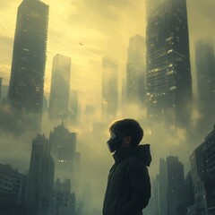 Lone Figure Silhouetted Against Ominous Futuristic Cityscape with Towering Skyscrapers Shrouded in Mist