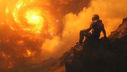 Astronaut gazes at a swirling galaxy amidst a dramatic cosmic landscape.