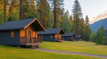 Fototapeta premium Charming Row of Rustic Cabins Nestled in Lush Green Forest with Serene Pathway Inviting Peaceful Nature Retreat Experience