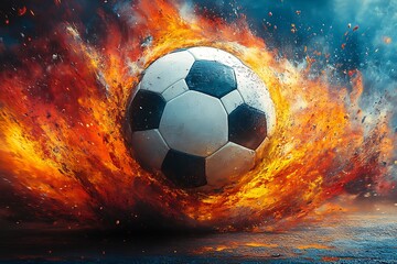 Fototapeta premium Black and white soccer ball in flames on Abstract background 