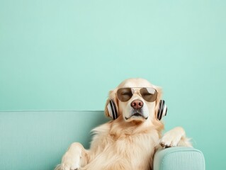 Golden Retriever DJ Humorous Pet Portrait with Headphones and Sunglasses