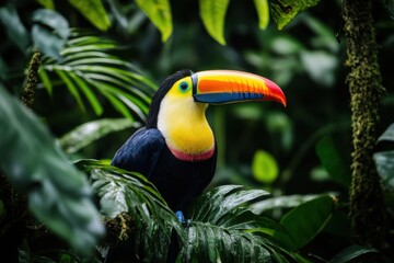 Obraz premium A colorful toucan perched in the rainforest, surrounded by vibrant leaves and natural textures