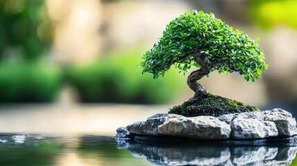A bonsai tree placed near a small rock water feature, with reflections shimmering on the surface.