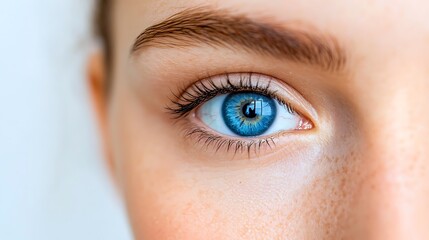 Obraz premium Close-up of a blue eye with natural makeup and freckles.