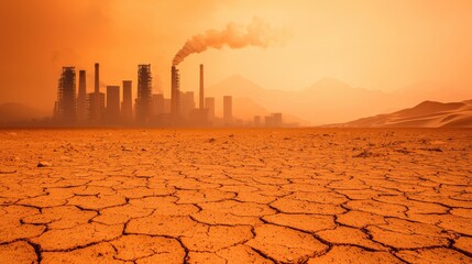 Desolate, cracked desert foreground with industrial smokestacks in the distance, illustrating the impact of climate change and pollution