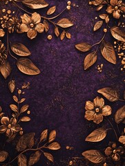 Fototapeta premium Purple background with gold leaves and flowers.