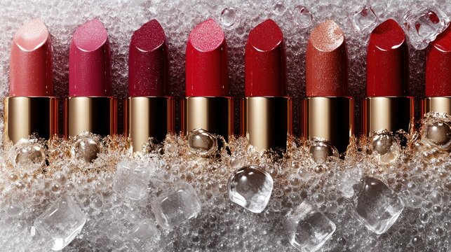 Colorful lipsticks arranged with bubbles and ice.
