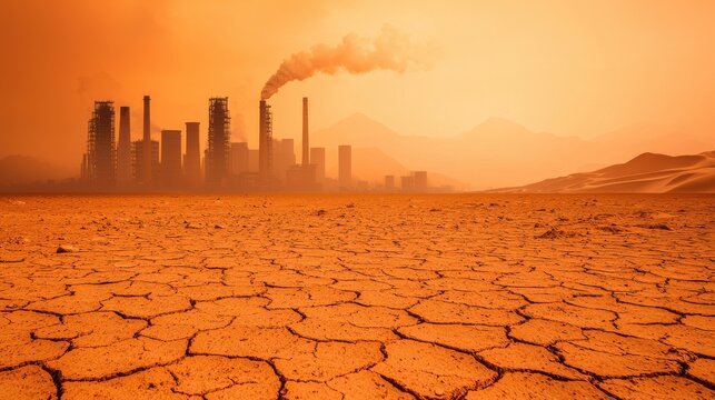 Desolate, cracked desert foreground with industrial smokestacks in the distance, illustrating the impact of climate change and pollution