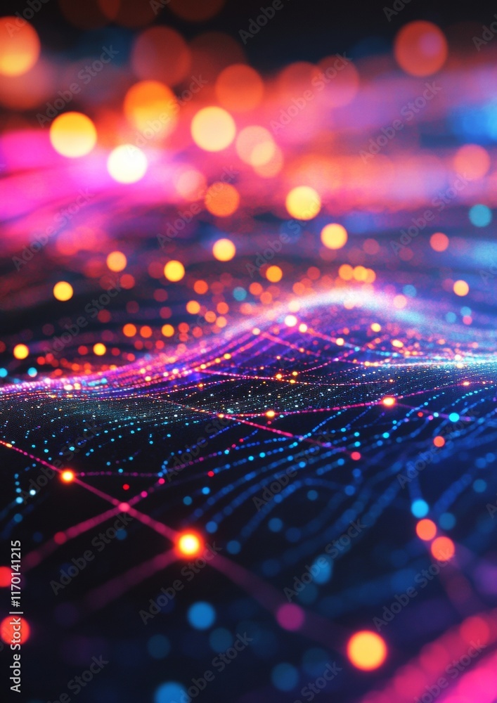 Poster futuristic neon holographic display with data lines in vibrant colors