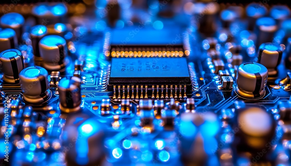 Poster close-up of a circuit board showcasing microchips and electronic components.