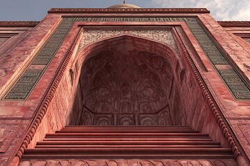 Red sandstone stairs leading to the impressive arched entrance of badshahi mosque in lahore, pakistan, a masterpiece of mughal architecture