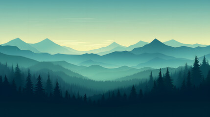 digital green and blue forested landscape with mountains graphics poster background