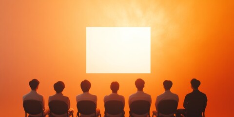 Silhouetted Enthusiasts Watching Vintage Screen in Surreal Orange Glow