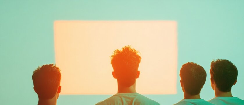 Group of Young Men Watching Projected Content in Vintage-Themed Room with Sepia Aesthetics