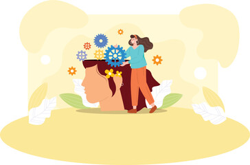 A conceptual illustration of a person with a glowing brain, surrounded by symbols of growth, such as plants, light bulbs, and gears, representing a positive mindset and cognitive development.