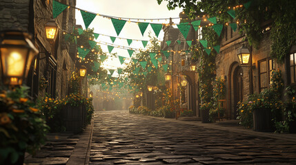 Fototapeta premium A festive scene of a cobblestone street lined with green bunting and lanterns, evoking an Irish village celebration.