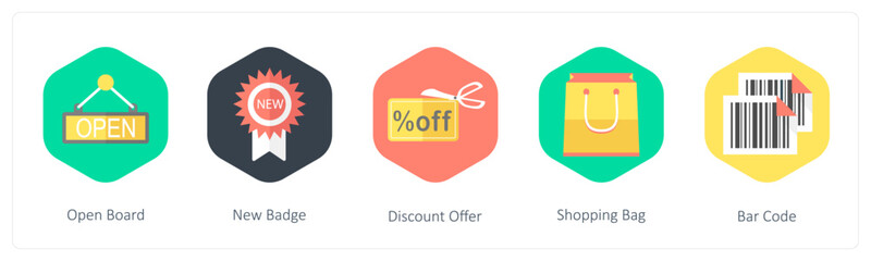 A set of 5 mix icons as open board, new badge, discount offer