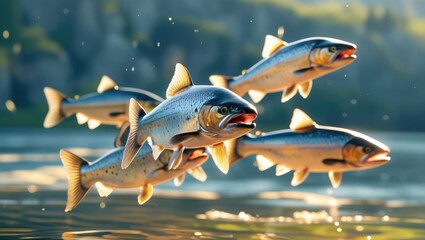 Naklejka premium Salmons in flight, isolated on a clear background cutaway