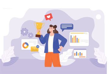 A vibrant illustration of a champion trophy surrounded by celebratory elements, symbolizing achievement and recognition for employee success stories.