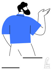 Man wearing blue shirt with relaxed posture, gesturing with one hand. Minimalistic line art featuring industrial factory icon. Ideal for teamwork, leadership, communication, modern design