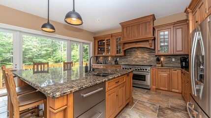 Modern kitchen with wooden cabinets and granite countertops.