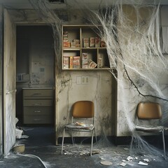 Abandoned and Decaying Room with Cobwebs and Neglected Furniture in Spooky and Eerie Setting