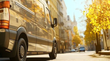 Delivery van driving away on street, symbolizing efficient logistics and timely service in modern transportation and supply chain management
