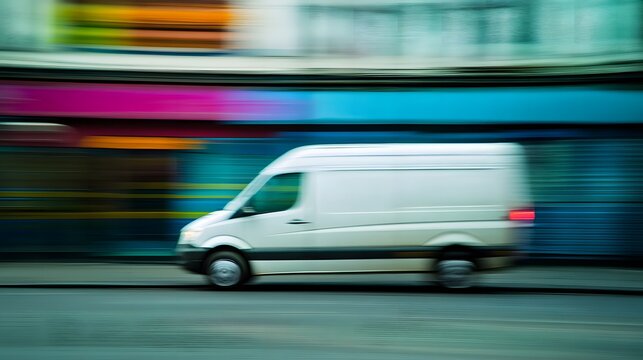 Delivery van driving away on street, symbolizing efficient logistics and timely service in modern transportation and supply chain management
