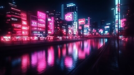 Neon Cityscape Reflecting In Calm Canal Water At Night