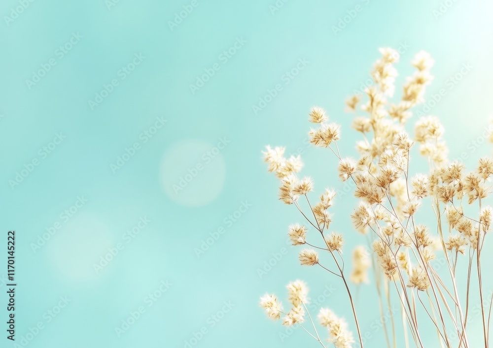 Poster tranquil spring meadow with soft light bokeh and delicate wildflowers
