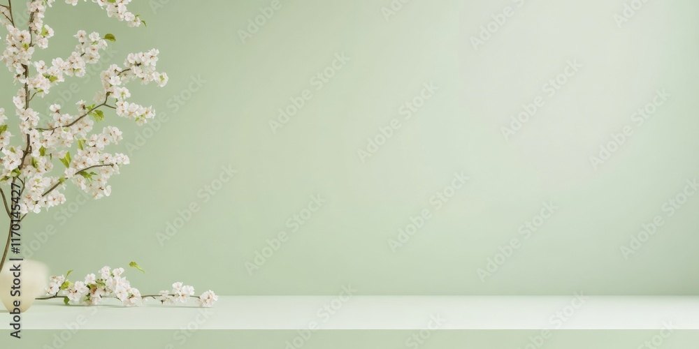 Poster minimalist spring blossoming apricot branches on soft green background