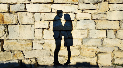 Romantic Couple s Shadow Silhouette on a Rustic Stone Wall