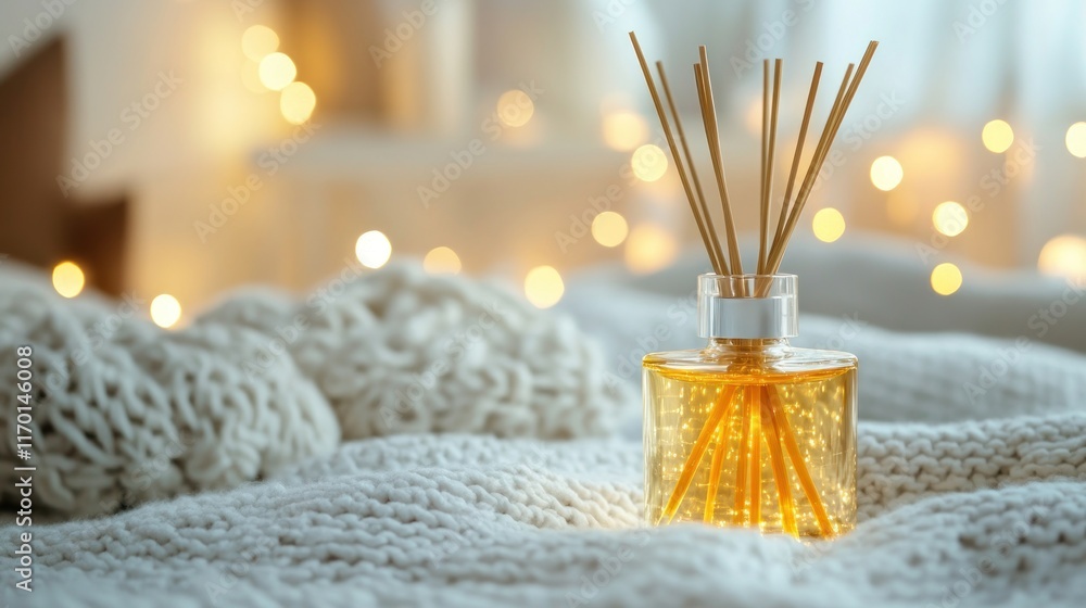 Poster a decorative reed diffuser with golden liquid on a cozy blanket, creating a warm ambiance.