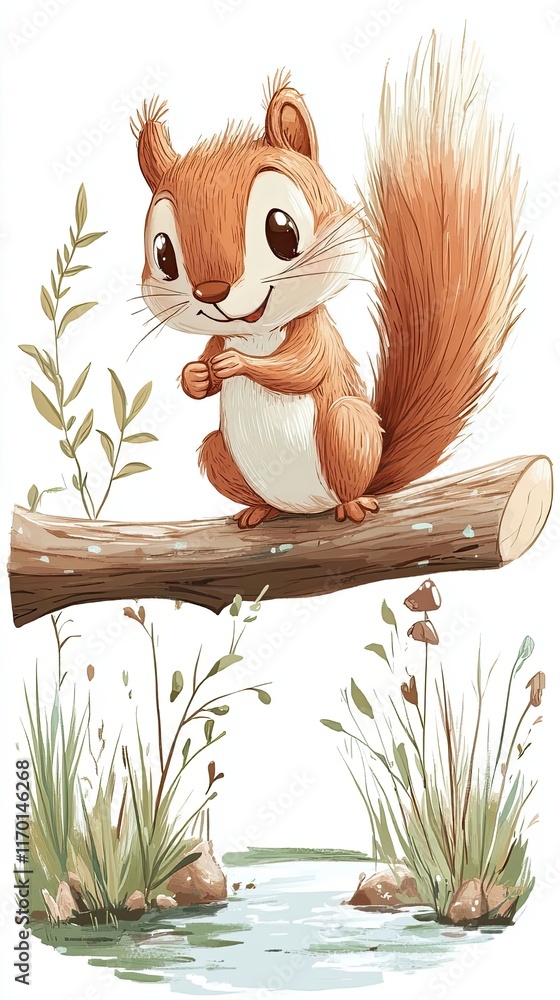 Poster Adorable Squirrel Sitting on a Log by a Stream