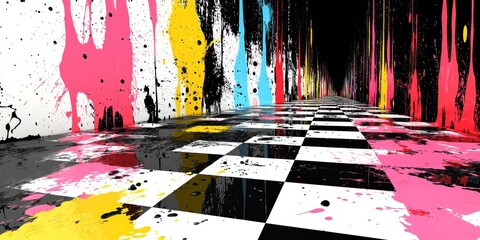 Ultra-Modern Checkerboard Background with Neon Paint Splashes
