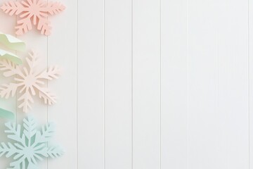 Minimalist Holiday Decor Pastel Paper Snowflakes on White Wooden Background