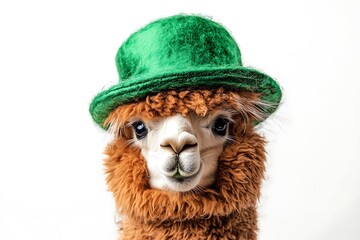 Funny alpaca wearing a green hat celebrating saint patrick's day on a white background
