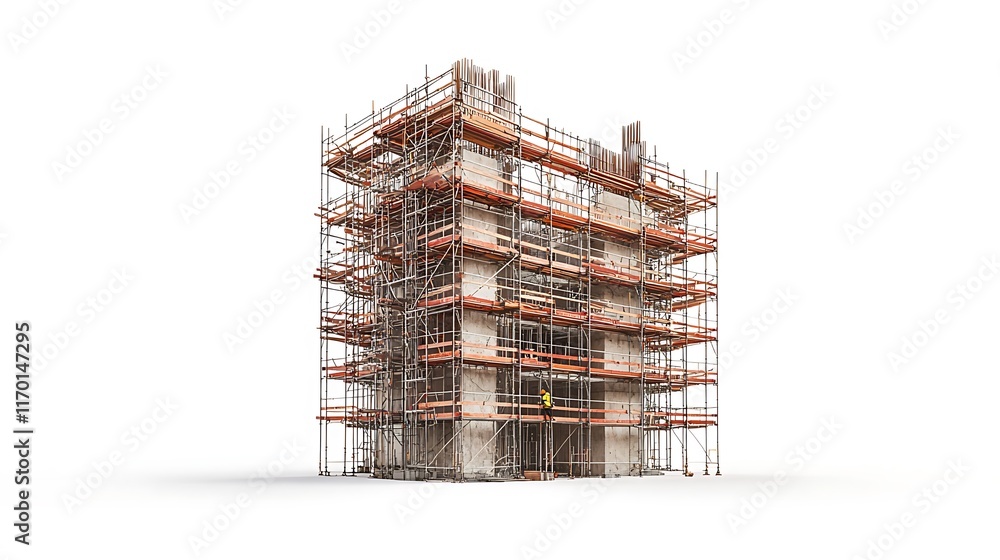 Poster construction site of a building with scaffolding for ongoing structural work.