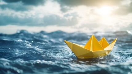 Yellow Paper Boat Sailing On Rough Ocean Waves