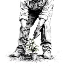 A black and white illustration of a person planting a small plant in a pot.