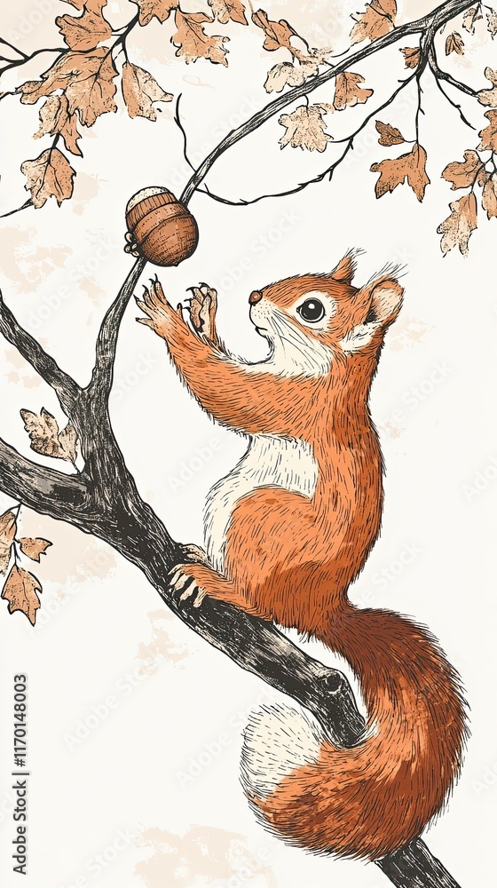 Poster a red squirrel reaches for an acorn on a branch