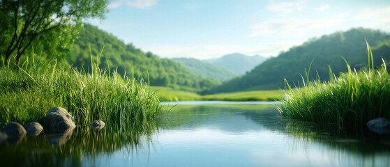 Fototapeta premium A serene landscape featuring a calm river surrounded by lush greenery and rolling hills under a clear blue sky.